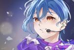  1girl blue_background blue_hair commentary_request crossed_bangs dazzling_game dress earrings gloves gradient_background grey_background grin hair_between_eyes headset highres in-ear_earphones jewelry love_live! love_live!_superstar!! neck_ribbon official_alternate_costume orange_eyes portrait purple_dress purple_ribbon ribbon short_hair smile solo star_(symbol) stud_earrings twitter_username wakana_shiki white_gloves wotaku_jinsei_enjoy_ikioi 
