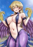  1girl blush breasts brown_eyes brown_hair commentary_request cosplay fake_pointy_ears feathered_wings female_pubic_hair harpie_lady harpie_lady_(cosplay) large_breasts long_hair navel pantyhose pubic_hair purple_pantyhose purple_wings r-binon solo talons tenjouin_asuka trembling winged_arms wings yu-gi-oh! yu-gi-oh!_gx 