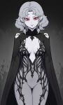  1girl agrat_bat_mahlat_(megami_tensei) black_cape braid breasts cape cleavage cleavage_cutout clothing_cutout colored_sclera edmonmondo grey_background grey_hair highres long_sleeves looking_at_viewer medium_breasts navel pale_skin pointy_ears red_eyes red_sclera shin_megami_tensei shin_megami_tensei_v shin_megami_tensei_v:_vengeance short_hair thighs twin_braids 