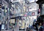  balcony bottle building city cityscape highres kyuui original outdoors painting_(medium) plant potted_plant road scenery shop sign stairs street traditional_media watercolor_(medium) window 