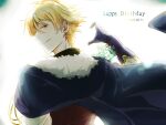  1boy ahoge alicein_mikuni black_cape blonde_hair cape earrings elbow_gloves fur-trimmed_cape fur_trim gloves happy_birthday jewelry male_focus na06221220 orange_eyes servamp short_hair white_background 