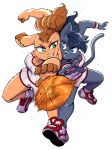 2025 4_fingers 5_fingers action_pose alina_scratch anaugi anthro ball bandage bandage_on_face bandage_on_nose basketball basketball_(ball) basketball_uniform blue_body blue_eyes blue_hair bodily_fluids bottomwear breasts cleavage clenched_teeth clothed clothing domestic_cat duo ear_piercing emily_lang eye_contact face_to_face facial_tuft felid feline felis female fingers footwear fur green_eyes hair hi_res lagomorph leporid looking_at_another mammal narrowed_eyebrows pawpads piercing ponytail pose rabbit shoes shorts simple_background sneakers sportswear sweat sweatband sweaty_face tan_body tan_fur teeth tuft uniform ventura_city_drifters white_background
