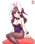  1girl ahoge alternate_costume animal_ears artist_logo black_eyes black_legwear black_neckwear bow bowtie breasts bunny_ears bunny_tail bunnysuit carrot cleavage clenched_hand commentary_request cushion dated detached_collar feet_out_of_frame hagikaze_(kantai_collection) hair_over_shoulder highres kanon_(kurogane_knights) kantai_collection leotard long_hair looking_at_viewer medium_breasts one_side_up pantyhose purple_hair purple_leotard simple_background sitting smile solo strapless strapless_leotard tail white_background wrist_cuffs 