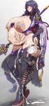  1boy 1girl absurdres after_sex after_vaginal bar_censor big_belly bite_mark bite_mark_on_breast black_thighhighs breasts bridal_gauntlets censored cum cum_in_pussy cum_on_body cum_on_breasts cum_on_stomach cumdrip erection facial female_pubic_hair genshin_impact gigantic_breasts highres hilichurl_(genshin_impact) japanese_clothes konoshige_(ryuun) large_areolae long_hair low-braided_long_hair low-tied_long_hair mole mole_under_eye monster_boy nipples okobo outie_navel penis platform_sandals pregnant pubic_hair purple_eyes purple_hair raiden_shogun sandals stomach_tattoo tabi tattoo thighhighs very_long_hair wide_sleeves 