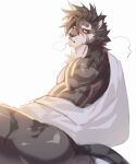  1boy absurdres animal_ears ass bara biceps black_fur black_hair cross_scar daru808080 english_commentary furry furry_male highres looking_at_viewer looking_back male_focus muscular muscular_male parted_lips pectorals puff_of_air scar scar_across_eye scar_on_face scar_on_nose sdorica tail tiger_boy tiger_ears tiger_stripes tiger_tail yao_(sdorica) 