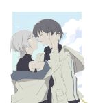  2girls akayukikaede bang_dream! bang_dream!_it&#039;s_mygo!!!!! black_shirt blue_sky closed_eyes closed_mouth cloud grey_hair hand_in_another&#039;s_hair highres jacket kaname_raana medium_hair multiple_girls off_shoulder outdoors parted_lips shirt short_hair sky takamatsu_tomori white_hair white_jacket wolf_cut yellow_eyes yuri 