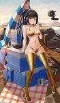 absurdres arm_support armpit_crease ass_visible_through_thighs beach beach_umbrella bikini black_hair blue_sky blush boots bottle boulder box breasts brown_eyes bunting can chinese_commentary cleavage closed_mouth closed_umbrella cloud commentary_request cooler cropped drink_can earrings english_commentary eve_(stellar_blade) full_body gold_bikini gold_boots groin halterneck hand_on_own_chest high_heel_boots high_heels high_ponytail highres hill jewelry jfzm001 leaning_back long_hair looking_at_viewer looking_to_the_side medium_breasts mixed-language_commentary navel on_box outdoors picnic_blanket pigeon-toed ponytail sideways_glance sitting sitting_on_box sky smile stellar_blade straight_hair string_bikini string_of_flags swept_bangs swimsuit thigh_boots thighs tree umbrella variant_set wooden_floor 
