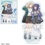  2girls black_choker black_shoes black_skirt blonde_hair blue_eyes blue_hair blue_jacket blush brown_skirt choker clenched_teeth closed_mouth commentary_request green_jacket grey_shirt hair_between_eyes holding_hands interlocked_fingers izumi_shiho jacket long_hair looking_at_viewer medium_hair merchandise_available midriff mizuguchi_aki mole mole_under_eye multiple_girls navel official_art one_side_up open_mouth plaid_clothes plaid_skirt pleated_skirt ribbon_choker sample_watermark sasayaku_you_ni_koi_wo_utau second-party_source shirt shoes simple_background skirt smile socks takeshima_eku teeth thighhighs v watermark white_background white_shirt white_socks white_thighhighs yuri zettai_ryouiki 