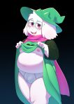 2025 absurd_res anthro badcat belly black_background blush blush_lines bodily_fluids bovid briefs bulge caprine clothed clothing deltarune detailed_bulge digital_media_(artwork) eyebrows eyewear flesh_fang floppy_ears front_view fur glasses goat gradient_background green_clothing green_eyewear green_glasses green_hat green_headwear green_robe hat headgear headwear hi_res kemono looking_at_viewer male mammal moobs navel nipples open_mouth open_smile outie_navel overweight overweight_anthro overweight_male partially_clothed pink_eyes pink_nipples pink_scarf pink_tongue portrait presenting pupils ralsei robe robe_lift round_glasses scarf shaded simple_background smile soft_shading solo standing sweat sweatdrop textless thick_thighs three-quarter_portrait three-quarter_view tongue undertale_(series) underwear wearing_glasses white_body white_briefs white_clothing white_fur white_underwear