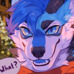 1:1 anthro black_body black_fur black_horn blue_eyes blue_hair canid canine cheek_tuft corzh77 english_text facial_tuft front_view fur hair hi_res horn looking_at_viewer male mammal multicolored_hair neck_tuft open_mouth outside purple_hair purple_sclera solo speech_bubble text tuft two_tone_hair white_body white_fur