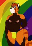  2019 absurd_res ailurid anthro armpit_hair clothed clothing digital_media_(artwork) fur hair hi_res lgbt_pride looking_at_viewer male mammal navel nipples pride_colors rainbow_flag rainbow_flag_(pride) rainbow_pride_flag rainbow_symbol red_panda simple_background slightly_chubby smile solo sylvanedadeer thick_thighs thong underwear 