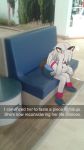  2019 anthro bench bottomwear camera_view canid canine canis clothed clothing digital_media_(artwork) domestic_dog dzaladan female footwear fur hair hi_res husky legwear lowered_head mall mammal nordic_sled_dog photo real shirt shoes shorts sitting snapchat socks solo spitz t-shirt text topwear white_fur white_hair 