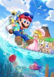  1girl 4boys absurdres bird blue-framed_eyewear blue_eyes blue_overalls blue_shirt blue_sky blue_toad_(mario) brown_shoes cloud cloudy_sky coin crown day dress eyewear_on_headwear f.l.u.d.d. facial_hair fish gloves hat highres holding holding_umbrella mario mario_(series) multiple_boys mustache open_clothes open_mouth open_shirt overalls parasol pink_dress pink_umbrella princess_peach red_coin red_hat sasaki_sakiko shine_sprite shirt shoes sky smile solo_focus sunglasses super_mario_sunshine teeth umbrella volcano water white_bird white_gloves 