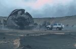  absurdres car cloud cloudy_sky day highres motor_vehicle outdoors rock sand science_fiction simon_stalenhag sky sports_utility_vehicle swedish_machines tree unconventional_emergency_vehicle_lighting wheel 