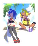  2girls absurdres bare_arms bare_shoulders black_bra black_shorts blonde_hair blue_hair bra breasts cephalopod_eyes chest_sarashi colored_extremities colored_eyelashes colored_tongue crop_top cross-shaped_pupils dark-skinned_female dark_skin earrings fangs fingernails frye_(splatoon) frye_(splatoon_raiders) full_body gradient_hair grey_thighhighs hair_bun hair_over_one_eye highres horizontal_pupils inkling jewelry knee_pads long_eyelashes long_pointy_ears looking_at_another midriff multicolored_hair multiple_girls navel octoling off-shoulder_shirt off_shoulder official_alternate_costume one_eye_covered open_mouth parted_bangs pointy_ears purple_hair purple_tongue red_eyes red_sandals sandals sarashi sharp_fingernails shirt shiver_(splatoon) shiver_(splatoon_raiders) short_hair shorts shorts_under_skirt single_hair_bun single_knee_pad sitting skirt small_breasts smile socks splatoon_(series) splatoon_raiders surume01417 symbol-shaped_pupils tentacle_hair thighhighs toeless_socks underwear white_sandals white_skirt white_socks yellow_eyes yellow_shirt 