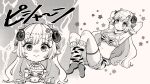  1girl animal_ears animal_print armpits arms_behind_head arms_up bare_shoulders blush breasts brown_background chibi closed_mouth crossed_legs fur-trimmed_shorts fur_trim hair_ornament highres hololive horns lightning lightning_bolt_hair_ornament lightning_bolt_symbol loose_socks medium_breasts monochrome navel official_art print_shorts print_socks rino_cnc sheep_ears sheep_girl sheep_horns short_shorts shorts socks star_(symbol) tiger_print tsunomaki_watame virtual_youtuber x_navel 