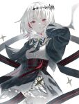  1girl belt black_bow black_bowtie black_capelet black_jacket black_skirt black_sleeves bow bowtie capelet dtto. expressionless fagi_(kakikaki) jacket long_sleeves looking_at_viewer multicolored_hair overskirt red_belt red_eyes red_hair reject_(esports) shirt short_hair skirt skull_ornament solo tiara virtual_youtuber white_background white_hair white_shirt 