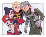  1girl 2boys amate_yuzuriha aqua_eyes beanie beard blonde_hair blue_eyes border challia_bull char_aznable commentary_request cowboy_shot epaulettes erm_nkcn facial_hair green_eyes green_hair grey_background gundam gundam_gquuuuuux hair_slicked_back hat high_collar highres holding holding_phone jacket long_sleeves mecha_pilot_suit military_jacket military_uniform multiple_boys mustache open_mouth phone pom_pom_(clothes) pom_pom_beanie red_hair red_jacket romaji_commentary selfie short_hair simple_background smile white_border 