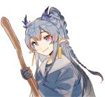  1girl alternate_costume arknights black_hair blue_hair braid chinese_commentary closed_mouth commentary_request dragon_girl dragon_horns earrings gradient_hair holding holding_stick horns jewelry jianbing_guozi ling_(arknights) long_hair looking_at_viewer multicolored_hair paper_texture pink_eyes pointy_ears simple_background smile solo stick upper_body white_background 