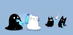  2others blue_background bottle cat ghost highres holding holding_bottle horns hoshikui multiple_others no_humans one_eye_closed original ramune shoutarou_(shoutarotttt) simple_background sparkle virtual_youtuber water_bottle 
