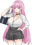  1girl absurdres alternate_costume black_bra black_skirt bra bra_peek bra_visible_through_clothes bralines breasts cleavage gyaru highres hololive hololive_english large_breasts long_hair looking_at_viewer mori_calliope partially_unbuttoned pink_eyes pink_hair red_eyes school_uniform see-through_clothes see-through_shirt shirt shirt_tucked_in simple_background skirt solo unbuttoned unbuttoned_shirt underwear virtual_youtuber walkerdoggo white_shirt 