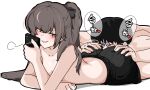  1boy 1girl black_skirt bow brown_hair cellphone dhktkql23 face_in_ass flat_chest girls&#039;_frontline grabbing_another&#039;s_ass groping hair_bow hetero highres holding holding_phone implied_anilingus long_hair lying on_stomach one_side_up phone scar scar_across_eye scar_on_face simple_background skirt smartphone smile ump45_(girls&#039;_frontline) yellow_eyes 