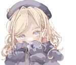  beret black_gloves black_hat black_ribbon blonde_hair blue_eyes ceras_yanagida_lilienfeld commentary covered_mouth fregie gloves hair_ribbon hat highres link!_like!_love_live! long_hair looking_at_viewer love_live! pink_ribbon portrait ribbon simple_background swept_bangs white_background 