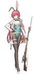  1girl absurdres alternate_costume aqua_leotard bayonet black_gloves black_pantyhose bolt_action carcano carcano_m1891_(girls&#039;_frontline) cheogtanbyeong commentary_request full_body girls&#039;_frontline gloves gun half_gloves highres holding holding_gun holding_weapon holster jacket korean_commentary leotard open_clothes open_jacket pantyhose pink_hair playboy_bunny rifle scope shoes simple_background sniper_rifle solo standing thigh_holster weapon white_background white_jacket white_shoes 