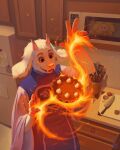  1girl absurdres artist_name cake cupboard deltarune english_commentary eyelashes fire flowey_(undertale) food furry furry_female goat hand_up highres indoors kamikaze_mika knife magic microwave refrigerator robe smile solo spatula toriel undertale 