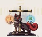 2025 absurd_res andromorph asher_(razim) balance_scale bandai_namco black_body black_fur collar dice digimon digimon_(species) facial_markings feral fur head_markings hi_res holy_ring huge_filesize intersex labramon markings orange_eyes paws quadruped rdy red_body red_fur red_nose tail wristband zgf_art
