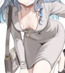  1girl adjusting_footwear alternate_costume bag bent_over blue_hair blue_nails breasts cleavage collarbone covered_navel cowboy_shot cropped dongtan_dress downblouse eyes_out_of_frame foot_out_of_frame glasses hand_on_own_knee handbag head_out_of_frame high_heels highres hololive hoshimachi_suisei jewelry leaning_forward leg_up long_hair looking_at_viewer meme_attire necklace removing_shoes scarlet_(wv0102) simple_background small_breasts smile solo star_(symbol) star_in_eye star_necklace symbol_in_eye tight_clothes virtual_youtuber wavy_hair white_background 