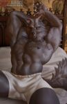  2025 abs anthro bed biped blaidd_(elden_ring) blancws canid canine canis claws digital_media_(artwork) elden_ring eyes_closed facial_scar finger_claws fromsoftware fur furniture grey_body grey_fur hi_res male male_anthro mammal muscular muscular_anthro muscular_male on_bed pecs scar sitting solo text url wolf 