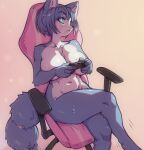 2025 accessory anthro arm_tuft big_breasts blue_body blue_eyes blue_fur blue_hair bodily_fluids breasts canid canine casual_nudity chair chest_tuft collarbone controller crossed_legs eyebrow_through_hair eyebrows eyelashes female fox fur furgonomics furniture game_controller glistening glistening_breasts hair hi_res inner_ear_fluff krystal_(star_fox) mammal mcfli navel nintendo nude shoulder_tuft sitting solo star_fox sweat tail tail_accessory tailband translucent translucent_hair tuft white_body white_fur