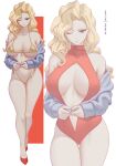 1girl absurdres bikini black_eyes blonde_hair breasts closed_mouth commentary covered_nipples earrings english_commentary forehead full_body gold_bikini golden_boy highres jewelry large_breasts long_hair melowh one_eye_closed onna_shachou patreon_username red_background red_shoes shoes side-tie_bikini_bottom smile standing swimsuit thighs two-tone_background white_background 