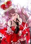  1girl ;d absurdres arched_crown armpit_crease asymmetrical_gloves bare_shoulders bent_over black_gloves black_thighhighs blush bow bow-shaped_hair bowtie breasts brown_hair commentary_request cowboy_shot crown dress elbow_gloves frilled_dress frills fujishima_megumi gloves head_tilt highres jin_(oihlf) large_breasts link!_like!_love_live! long_hair looking_at_viewer love_live! mismatched_gloves mismatched_thighhighs official_alternate_costume one_eye_closed open_mouth pinstripe_thighhighs purple_eyes red_crown red_dress red_gloves single_elbow_glove sleeveless sleeveless_dress smile solo sparkle thighhighs two_side_up uneven_gloves v v_over_mouth virtual_youtuber white_thighhighs yellow_bow yellow_bowtie zenhoi_kyun 