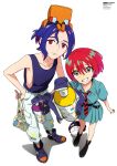  1boy 1girl absurdres amate_yuzuriha aqua_eyes aqua_shirt aqua_skirt artist_name bag blue_hair boots borrowed_clothes closed_mouth collared_shirt colored_inner_hair conch_(gundam) copyright_name from_above gloves gundam gundam_gquuuuuux haro highres holding holding_bag holding_spray_can inoue_akiko_(artist) kobori_shie looking_at_viewer multicolored_hair necktie non-humanoid_robot official_art open_mouth paint paint_on_clothes paint_splatter paint_splatter_on_face pants ponytail purple_hair red_eyes red_hair robot scan school_uniform shirt shoes short_hair shuji_ito simple_background single_glove skirt smile spray_can spray_paint tank_top third-party_source two-tone_hair white_background 