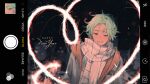  1boy :d blue_coat coat commentary cove_holden english_commentary english_text fake_phone fake_photograph fireworks glowing green_eyes green_hair grin happy_new_year heart light_particles looking_at_viewer male_focus neon_lights night our_life:_beginnings_and_always ryuuieu scarf sky smile solo sparkler star_(sky) starry_sky swept_bangs upper_body white_scarf 
