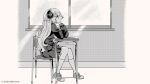  1girl animal_ears braid chair desk greyscale highres hololive horns long_hair monochrome neckerchief official_art on_chair pleated_skirt profile rino_cnc school_chair school_desk school_uniform serafuku sheep_ears sheep_girl sheep_horns shirt shoes skirt socks tsunomaki_watame very_long_hair virtual_youtuber window 