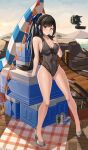  absurdres arm_support armpit_crease ass_visible_through_thighs bare_shoulders beach beach_umbrella black_hair black_leotard blue_sky blush bottle boulder box breasts brown_eyes bunting can chinese_commentary cleavage closed_mouth closed_umbrella cloud commentary_request cooler covered_navel cropped drawstring drink_can earrings english_commentary eve_(stellar_blade) full_body grey_shoes groin hand_on_own_chest high_heels high_ponytail highleg highleg_leotard highres hill hood hood_down hooded_leotard jewelry jfzm001 lace leaning_back leotard long_hair looking_at_viewer looking_to_the_side medium_breasts mixed-language_commentary on_box outdoors picnic_blanket pigeon-toed ponytail pumps shoes sideways_glance sitting sitting_on_box sky sleeveless smile stellar_blade stiletto_heels straight_hair string_of_flags swept_bangs thighs tree umbrella unzipped variant_set wooden_floor zipper zipper_pull_tab 