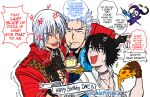  1girl 3boys anger_vein anniversary artist_name black_hair blue_jacket cheesecake closed_eyes dante_(devil_may_cry) devil_may_cry_(series) devil_may_cry_3 eating food food_in_mouth food_on_face gun handgun happy_birthday holding holding_food holding_gun holding_pizza holding_plate holding_weapon jacket jester_(dmc3) jewelry lady_(devil_may_cry) multiple_boys necklace pizza pizza_slice plate red_jacket shinfuransan shirt simple_background speech_bubble vergil_(devil_may_cry) weapon white_background white_hair white_shirt 