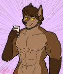  2019 abs anthro barazoku biceps canid canine canis commander_(commanderthings) commanderthings digital_media_(artwork) front_view fur hair humanoid looking_at_viewer male mammal muscular muscular_male pecs phone portrait simple_background smile solo standing text were werecanid werecanine werewolf wolf 