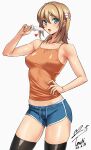  1girl absurdres aqua_eyes armpit_crease bare_arms black_thighhighs blonde_hair blue_shorts blush breasts camisole commentary_request food hair_between_eyes hand_on_own_hip highres holding holding_food holding_popsicle kamimura_chika looking_at_viewer medium_breasts melting_popsicle open_mouth orange_camisole panties panty_peek perky_breasts popsicle revision shorts signature simple_background sisters_~natsu_no_saigo_no_hi~ solo sweat thighhighs thighs two_side_up underwear white_background white_panties yoo_tenchi 