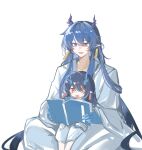  2girls :d :o aged_down arknights black_hair blue_hair book chinese_commentary colored_extremities commentary_request dragon_girl dragon_horns dusk_(arknights) earrings hair_between_eyes highres holding holding_book horns jewelry ling_(arknights) long_hair long_sleeves multicolored_hair multiple_girls open_book open_mouth orange_eyes pointy_ears reading robe shang_ge_promax siblings simple_background sisters sitting sitting_on_lap sitting_on_person smile streaked_hair white_background white_hair white_robe 