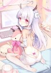  1girl antlers backless_dress backless_outfit bare_back bow bow_panties breasts chill-tiamo computer_keyboard dress grey_hair hair_ornament hair_scrunchie highres holding holding_stuffed_toy horns indoors medium_breasts meme_attire monitor naked_sweater original panties red_eyes ribbed_sweater scrunchie sideboob sitting soles stuffed_toy sweater sweater_dress thighhighs thong toes turtleneck turtleneck_sweater underwear virgin_killer_sweater wariza white_panties white_thighhighs 