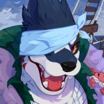  1:1 ambient_bird ambiguous_gender anthro arthropod black_nose black_sclera blue_body blue_fur bust_portrait clothed clothing cloud corzh77 crab crustacean decapod duo fangs feral floatzel front_view fur generation_4_pokemon hi_res looking_at_viewer malacostracan male nintendo open_mouth outside pokemon pokemon_(species) portrait pupils purple_pupils red_tongue sky species_request teeth tongue white_body white_fur yellow_eyes 