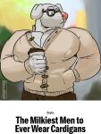 3:4 anthro azspicedjason barazoku beverage biceps big_muscles big_pecs canid canine canis cardigan clothed clothing coffee coffee_cup container cup domestic_dog english_text eyewear fully_clothed fur glasses hi_res krypto krypto_the_superdog male mammal meme muscular muscular_anthro muscular_male nipple_outline pecs pecs_focus simple_background solo standing text