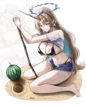  1girl alternate_costume bare_legs barefoot bikini black_bikini blonde_hair blue_eyes blue_hair breasts cleavage closed_mouth clothes_lift colored_inner_hair commentary crown_of_thorns denim denim_shorts earrings feet fleurdelys_(wuthering_waves) floating_earrings food fruit highres holding holding_stick horns jewelry large_breasts legs long_hair long_horns multicolored_hair navel nicky_w open_fly pointy_ears sand shirt shirt_lift shorts single_horn sitting solo stick stomach swimsuit tacet_mark_(wuthering_waves) thighs toes very_long_hair wariza watermelon white_background white_shirt wuthering_waves yellow_horns 