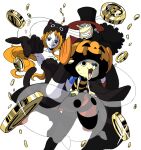  1girl 2boys :q animal_ears animal_hat antlers armpits black_cape black_dress black_gloves black_hair black_hat black_thighhighs blue_nose breasts cape cat_ears cat_hat cat_tail closed_mouth coin commentary_request dress fang ghost glint gloves gold_coin halloween halloween_costume hat horns kyakya large_breasts long_hair long_nose looking_at_viewer mixed-language_commentary multiple_boys nami_(one_piece) one_piece open_mouth orange_hair pumpkin_hat reindeer_antlers reindeer_boy single_sidelock strapless strapless_dress tail thighhighs tongue tongue_out tony_tony_chopper usopp wavy_hair 