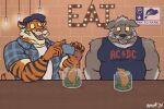 ac/dc anthro blue_clothing boomer_(nanoff) canid canine canis clothing duo electronics empanada english_text felid food hat headgear headwear hi_res male mammal miles_(nanoff) muscular muscular_male nanoff pantherine pastry phone restaurant taking_picture text tiger wolf