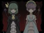  2girls ascot black_dress bloodshot_eyes boru34 clenched_teeth closed_mouth dress evil_grin evil_smile expressionless green_bonnet green_eyes grey_eyes grin heart heart_of_string highres komeiji_koishi komeiji_satori long_sleeves looking_at_another multiple_girls puffy_sleeves purple_hair short_hair smile teeth touhou yellow_ascot 